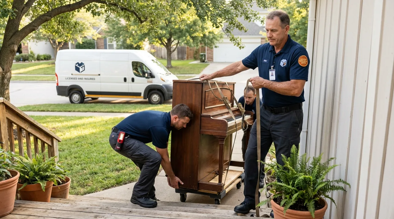 Licensed piano movers securing grand piano in McConnelsville, OH