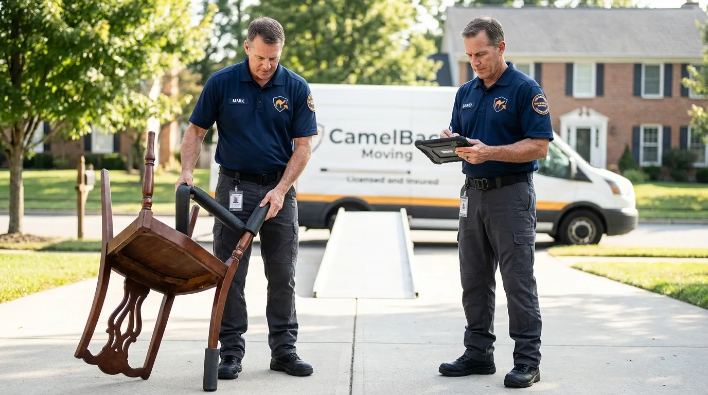 Movers inspecting furniture for damage prevention before loading in McConnelsville, OH