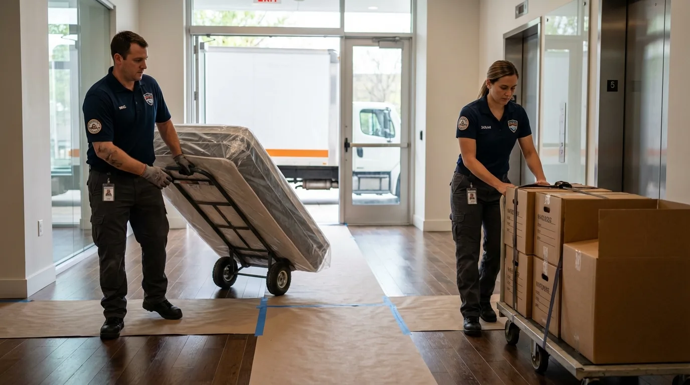 Professional apartment movers loading elevator in McConnelsville, OH