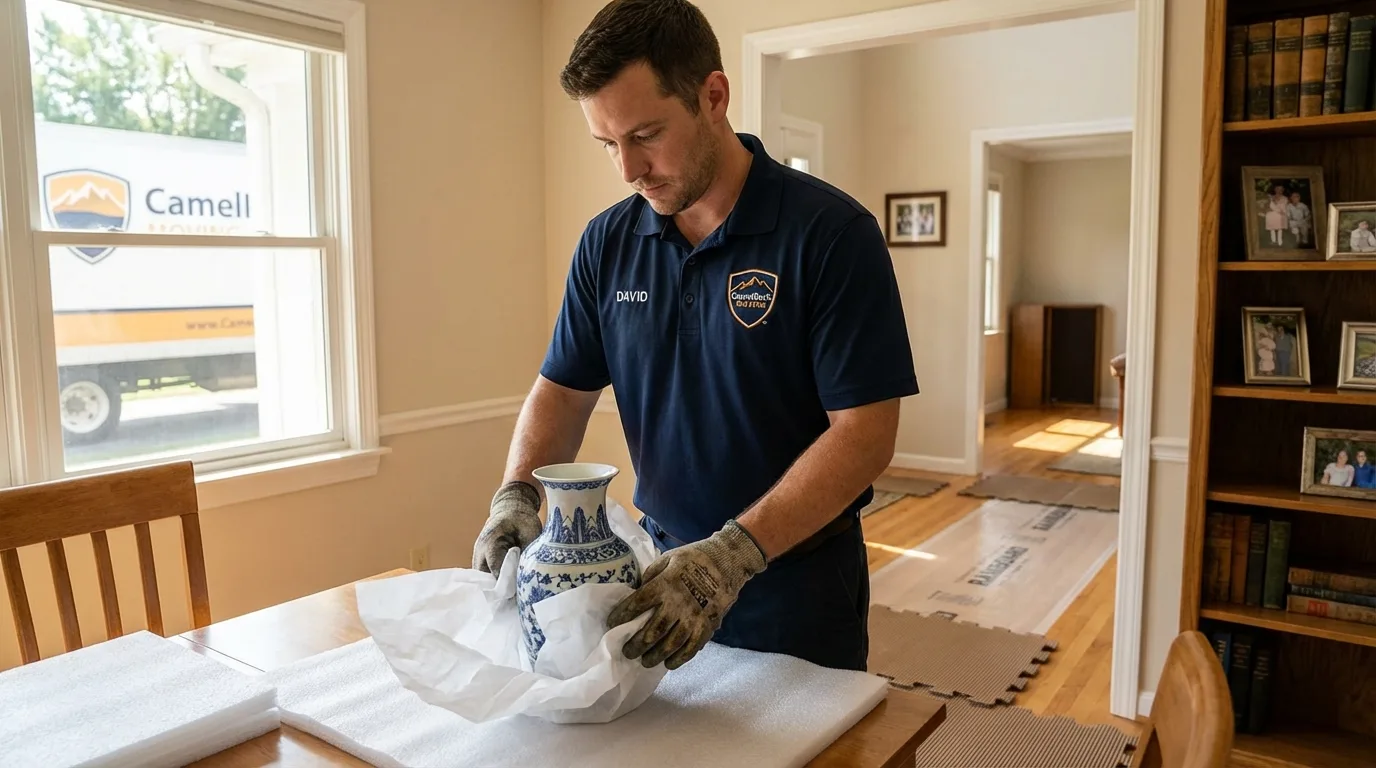 Professional crew carefully wrapping antique vase for senior downsizing move in McConnelsville, OH
